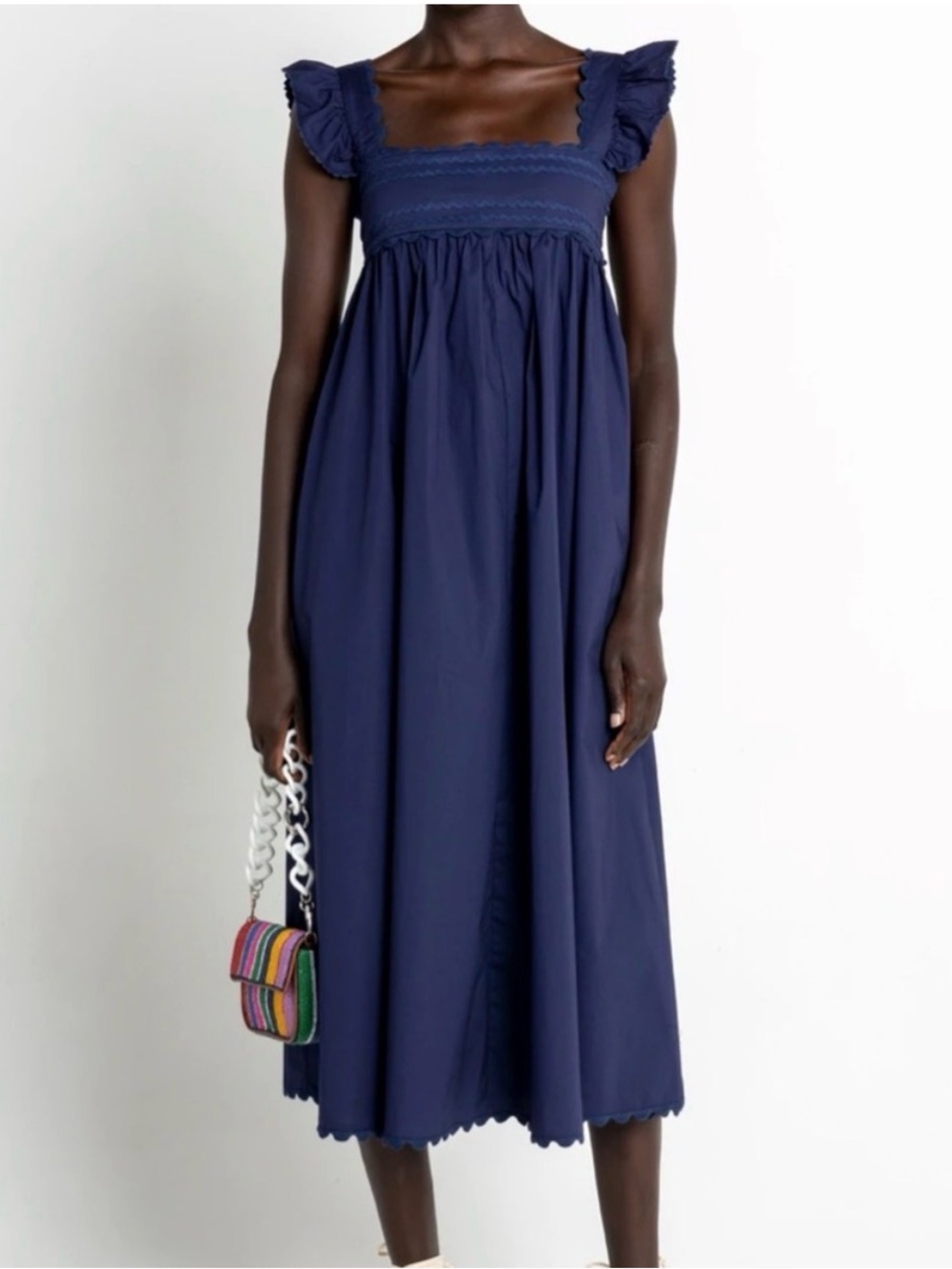 O.P.T. One Pretty Time Navy Smocked Ruffle Midi Dress Size M Square Kalliope